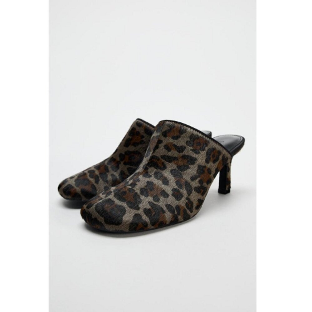Zara 100% Leather Mules Animal Leopard Print Square Toe 2.8in Heel Sz 7.5 Summer - Picture 3 of 11